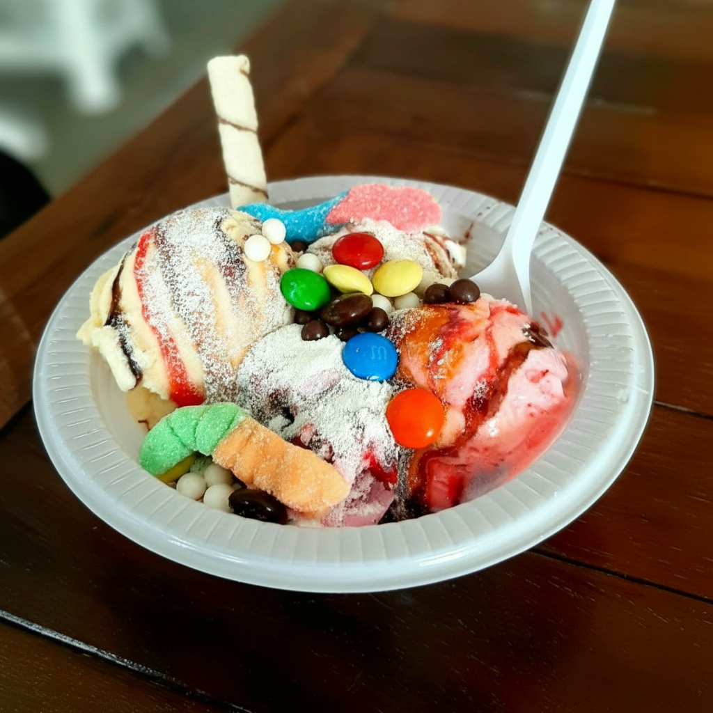 Sorvete com toppings da Sorveteria Neval Praia Grande